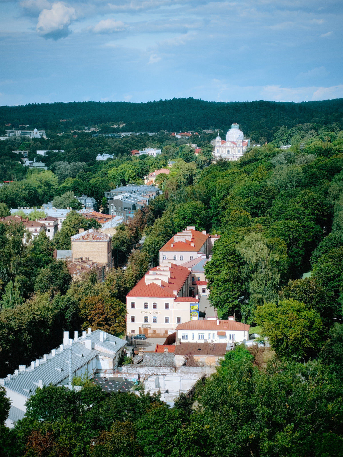 Vilnius óvárosi épületei és zöld dombjai a magasból.